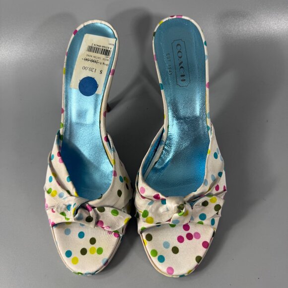 COACH White Satin Multicolor Polka Dots Heels Bow Accents, Size 7.5 B - Picture 4 of 15